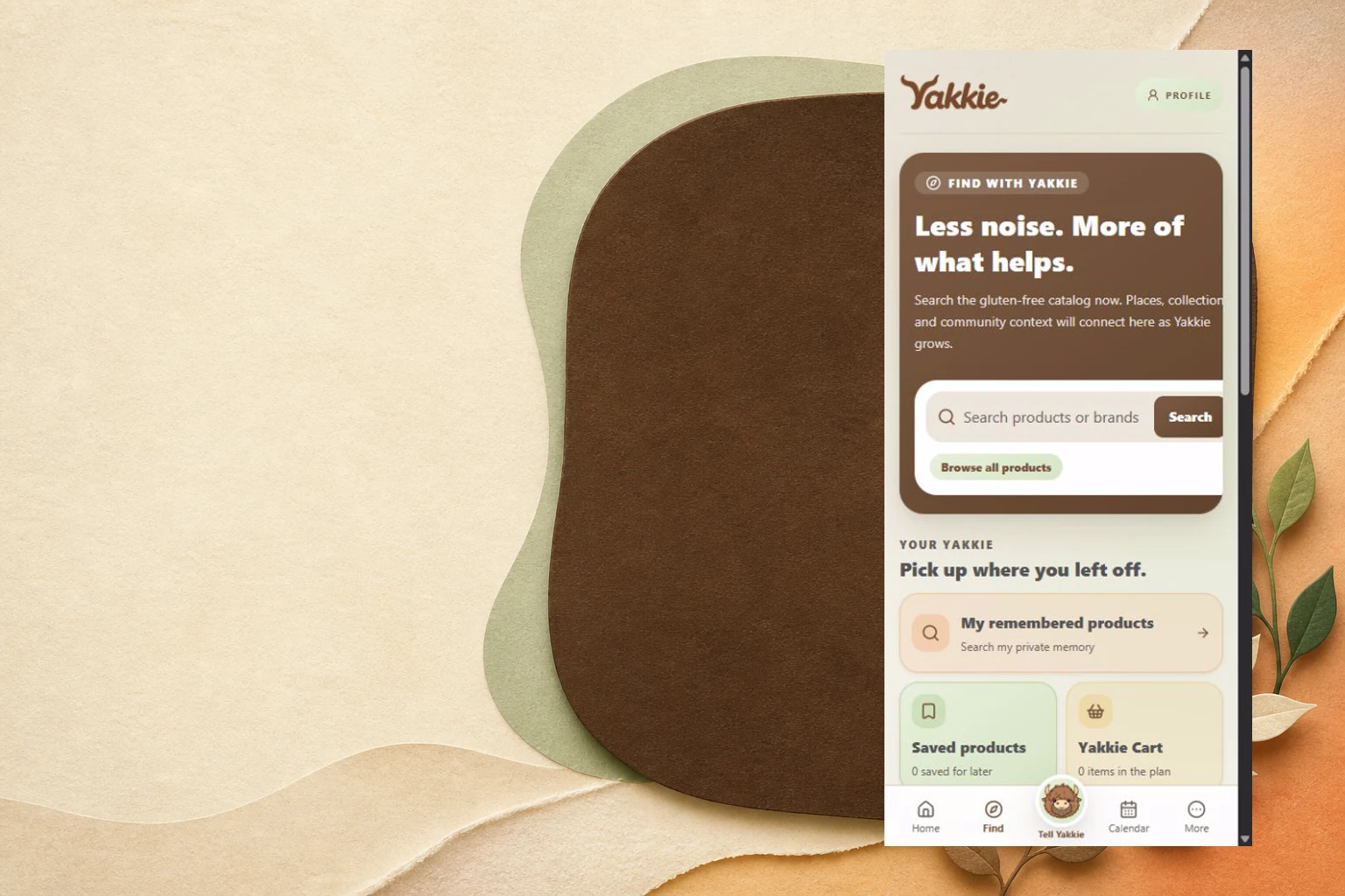 Yakkie's Find screen showing search, remembered products, saved products, and Yakkie Cart